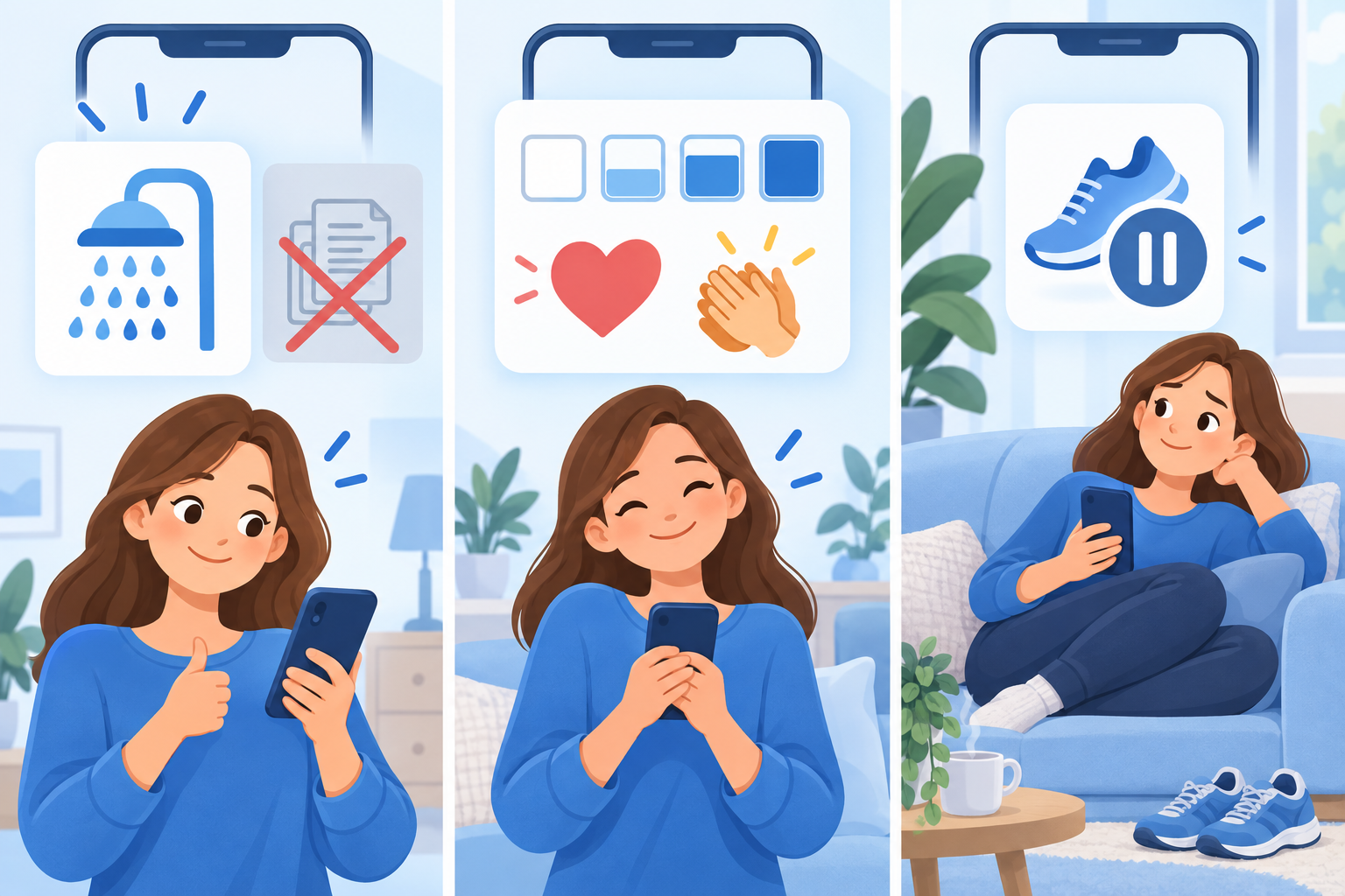 마음 관리 앱이 납득할 만한 제안을 하고, 며칠 동안 격려하며, 운동을 잠시 쉬라는 예상 밖 제안을 사용자가 편안히 따르는 세 장면